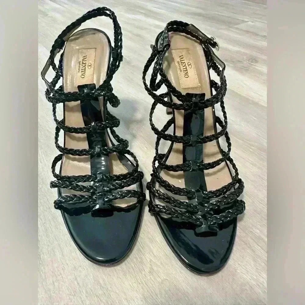 Valentino Garavani Sandals Women 39 Black Good Braided Cage Patent Leather Heel